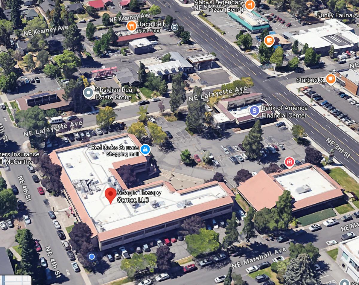 3D aerial view of Adagio Therapy Center in Red Oaks Square between NE 3rd St and NE 4th St, Bend, Oregon