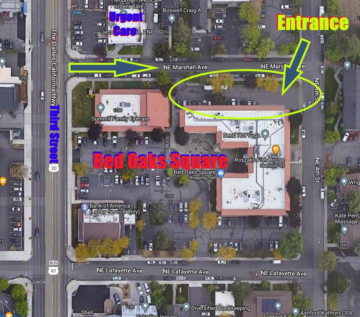 Aerial map of Red Oaks Square in Bend, Oregon showing the parking lot off NE Marshall Ave and the entrance to Adagio Therapy Center near NE 4th St